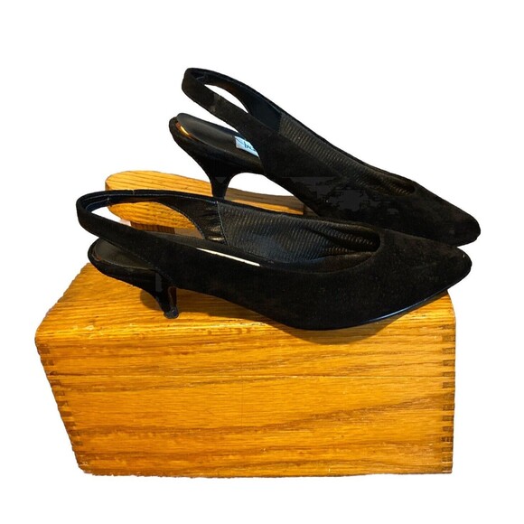 Diane Von Furstenberg Suede Kitten Sling Back 6 1/2 Black On Black - Picture 4 of 10